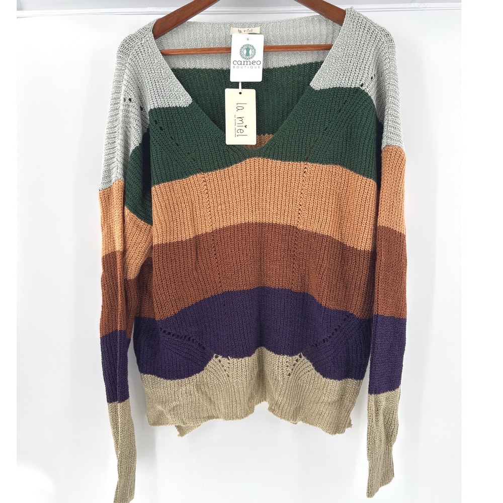 La Miel (Silver Multi) V-Neck Stripe Lightweight Sweater Women S/M
